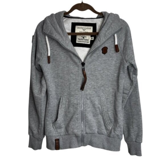 Naketano Gray Men Hoodie Jacket Medium Full Zip Pockets Rope Tie Leather - Picture 1 of 13